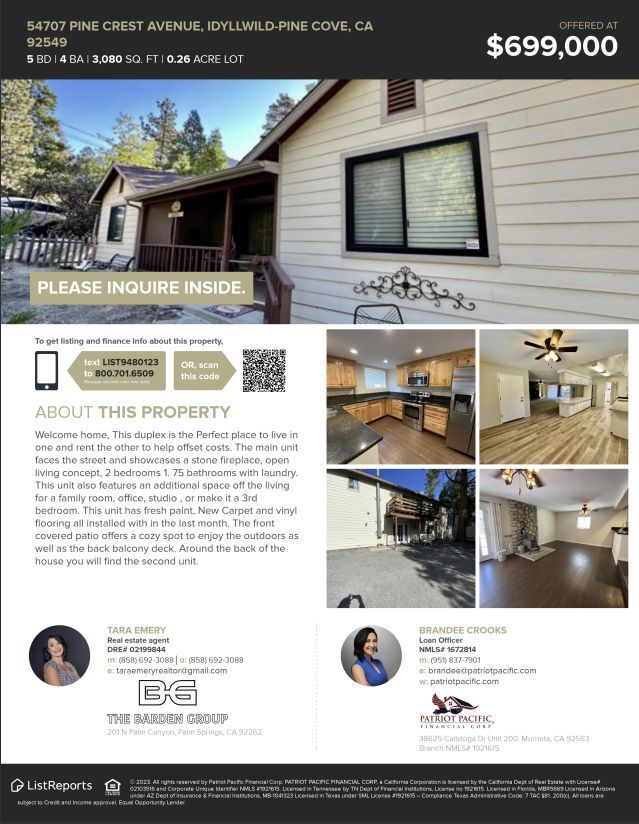 Home for Sale 53707 Pine Crest Avenue, Idyllwild- Pine Cove, CA 92549 offered at $699,000. Home Description with 5 photos of the house both exterior and interior. Contact information of Real Estate Agent Tara Emery and Brandee Crooks Loan Officer